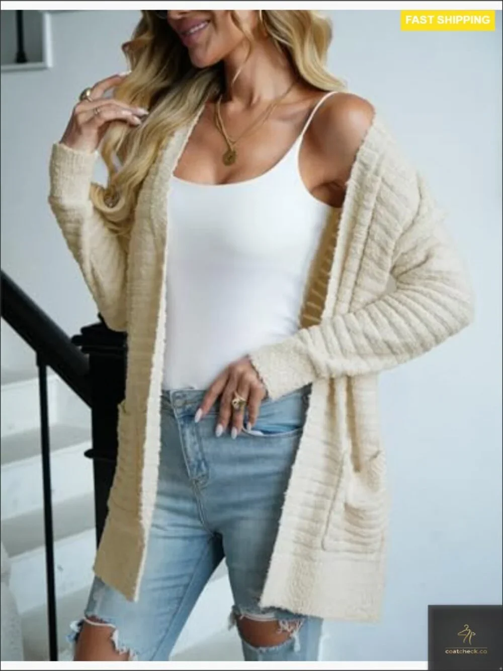 Women Open Front Fuzzy Knit Cardigan with Pockets Long Sleeve Chunky Sweater